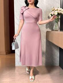 Feyla Vestido midi de mujer elegante de unicolor con manga corta y decoración floral 3D - Rosa - Ver 3