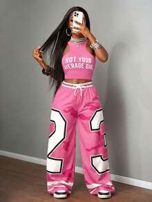 Slaydiva New Summer Casual Screenshots Sexy Sports Style Ball Suit Round Neck I-Shaped Vest Slogan Logo White Letter Print Truncated Red Vest + Wide-Leg Pants Trousers 23 Numbers Red Camouflage Striped Print Woven Pants Ladies Two Pieces Suit-B Pink 2 Piece Set Women - Pink - View 6