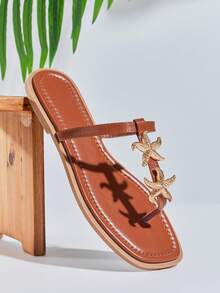 SHUZIA Women's Starfish Beach T-Strap Slip On Square Open Toe Flat Sandals - Chocolate Brown - View 1