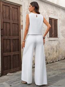 EMERY ROSE 女士纯色开衩下摆吊带背心和阔腿裤休闲套装 - 白色 - 查看 2