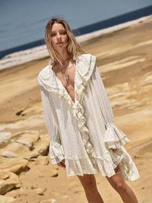 MOTF STUDIO VESTIDO CORTO HOLGADO DE MUJER CON ESTAMPADO FLORAL DE GASA, VOLANTES Y ENCAJE PARCHE, PRIMAVERA/VERANO - Amarillo claro - Ver 6