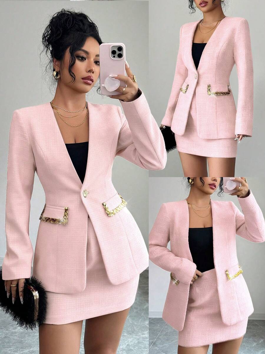 Elenzga Bộ đồ nữ màu đỏ vải tweed đính sequin thời trang mới thu đông 2025, kiểu dáng thanh lịch, gồm 2 món. - Màu Hồng baby - Xem 1