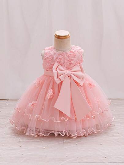 Glamorique Kids Baby Girl Floral Decor Waist Bow Party Princess Dress
