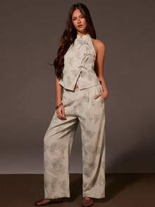 Athîral 女士休闲无袖不对称梭织宽松上衣和阔腿裤两件套，春夏款 - 杏色 - 查看 2