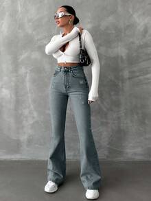 SHEIN 98%Cotton Zipper Fly Distressed Bell Bottom Jeans, Tall Women - Dusty Blue - View 6
