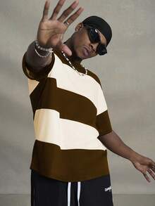 PAVTROS 男士圆领短袖条纹简约 T 恤，休闲日常穿着 - 咖啡棕 - 查看 4