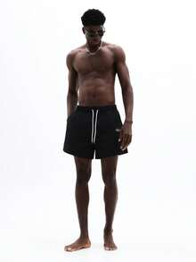 SUMWON 沙滩短裤，弹性腰带和抽绳设计，适合夏季海滩游泳、度假漫步、泳池冲浪等休闲场合，宽松舒适，轻便速干，纯色男士泳装 - 黑色 - 查看 4