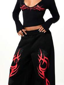 SUMWON WOMEN Rhinestone Embellished Flame Graphic Wide Leg Joggers With Elastic Waistband Drawstring And Side Pockets For Casual Streetwear - Black - View 4