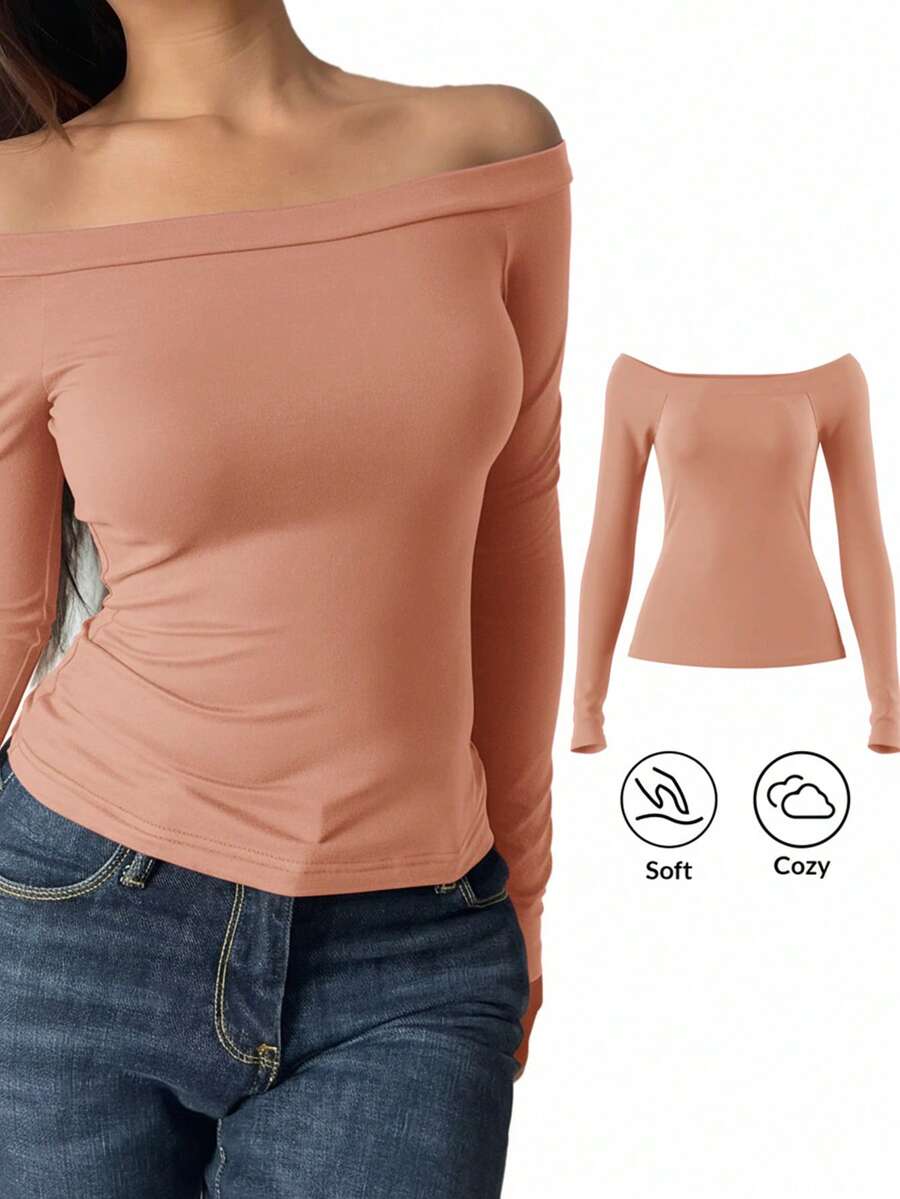 SHEIN BASICS 1件女士休闲纯色针织露肩长袖修身上衣