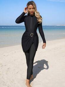 Swim Mulvari 2026 New Women's Swimwear ArrivalFor School,Suitable For Holiday, Date, Afternoon Tea, Western, Cruise, Beach, Island, Road Trip, All Seasons, Music Festival, Boho Vacation,Bohemian Vacation, Chill Autumn ,Western Boho ,Elegant Tops For Women Women's Mandarin Collar Raglan Sleeve Fitted Summer Beach Tankini - Multicolor - View 3