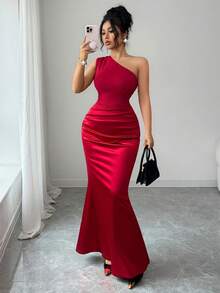 Elenzga Đầm nữ mới, cổ xéo, dệt kim, chắp vá, ôm sát, xếp ly, vạt đuôi cá, kiểu dáng thanh lịch dành cho thiếu nữ, thích hợp cho ngày Valentine, tiệc tùng hoặc đi nghỉ mát. - Màu Đỏ Sâu - Xem 7