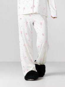 MISSGUIDED 女士睡衣套装，长袖纽扣上衣搭配同色长裤，粉色蝴蝶结印花家居服套装，舒适居家睡衣 - 粉色 - 查看 3