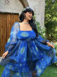 Lyrianda 大码女式优雅甜美公主宫廷风雪纺欧根纱度假仙女高腰A字层叠星空印花中长连衣裙 - 藍色 - 查看 5