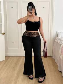 SHEIN EZwear Quần ống loe phối họa tiết da báo dáng rộng, cỡ lớn. - màu đen - Xem 4