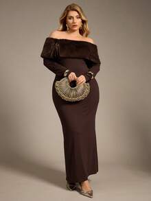 Auralis Plus Size Women's New Elegant Faux Fur Collar Patchwork Long Sleeve Fit & Flare Maxi Dress, Suitable For Valentine's Day, Concerts, Performances, Dates, Formal Dinners, Galas, Weddings, Sexy & Romantic Mermaid Style, Birthday Party - Brown - View 5