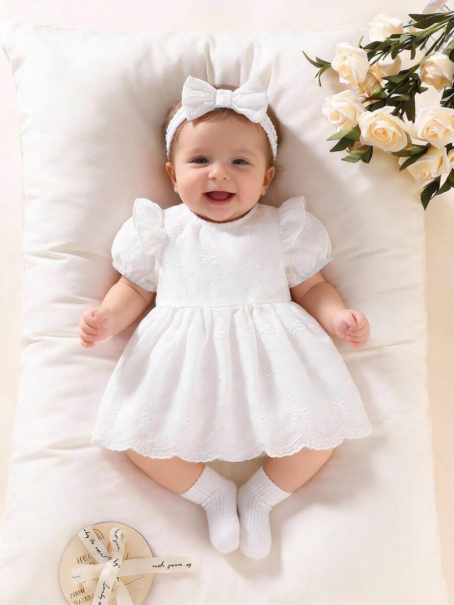 SHEIN Newborn Baby Bow Jacquard Round Neck Short Puff Sleeve Cute Dress — free download