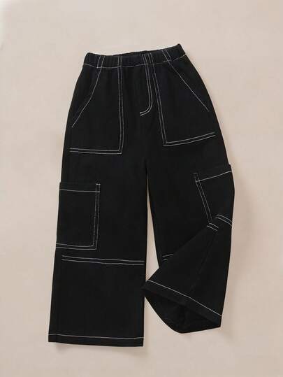 SHEIN Explorewe Young BoyCasual Elastic Waist Soft Fabric Pants, Suitable For School, Play, Vacation, Outings, And Any Occasion For Boys Black Cargo Pants Black Cargo Pants For Boys Baggy Boy Pants