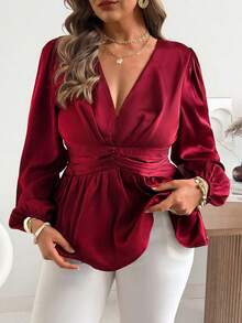 Vionelle 大码女装春夏法式浪漫西西里优雅休闲通勤波西米亚风度假下午茶酒红色缎面绉纱褶皱腰部荷叶边松紧腰喇叭长袖衬衫 - 酒紅色 - 查看 3