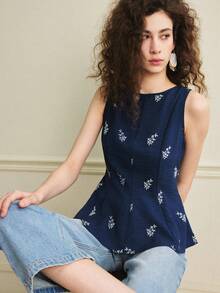 Écloséra 女士蓝色刺绣花卉印花衬衫，修身剪裁，拉链娃娃衫款式，适合夏季度假、深色系上衣、休闲上衣、夏季假期、优雅场合、派对上衣、情人节、春假穿着。时尚休闲通勤装、商务办公装、百搭时尚日常休闲装、都市教师职业装 - 藍色 - 查看 3