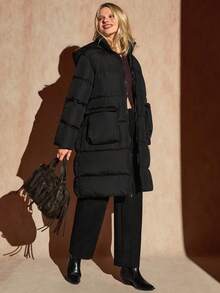 SHEIN Women's Solid Buckle Detailed Belted Hooded Casual Winter Coat - Black - View 6