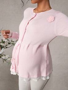 Momance Maternity Cardigan Sweater, Fitted Style With Floral Decor, Lace Trim At Collar & Cuffs, Waist Tie, Heart Button Design, Casual Elegant For Daily Wear & Dates, Long Sleeve Maternity Sweater Jacket - Pink - View 6