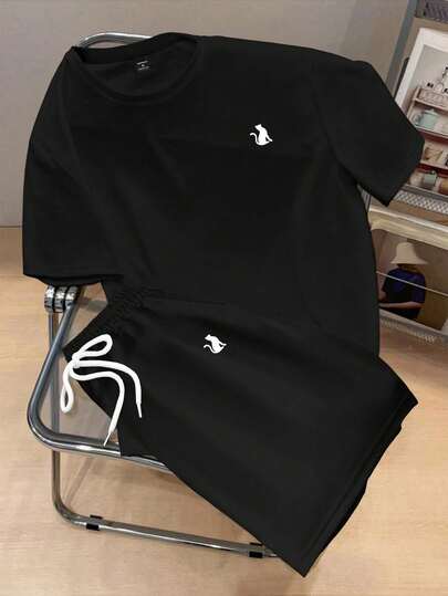 Manfinity Joysei 男士休闲百搭猫咪剪影图案圆领短袖T恤和短裤套装