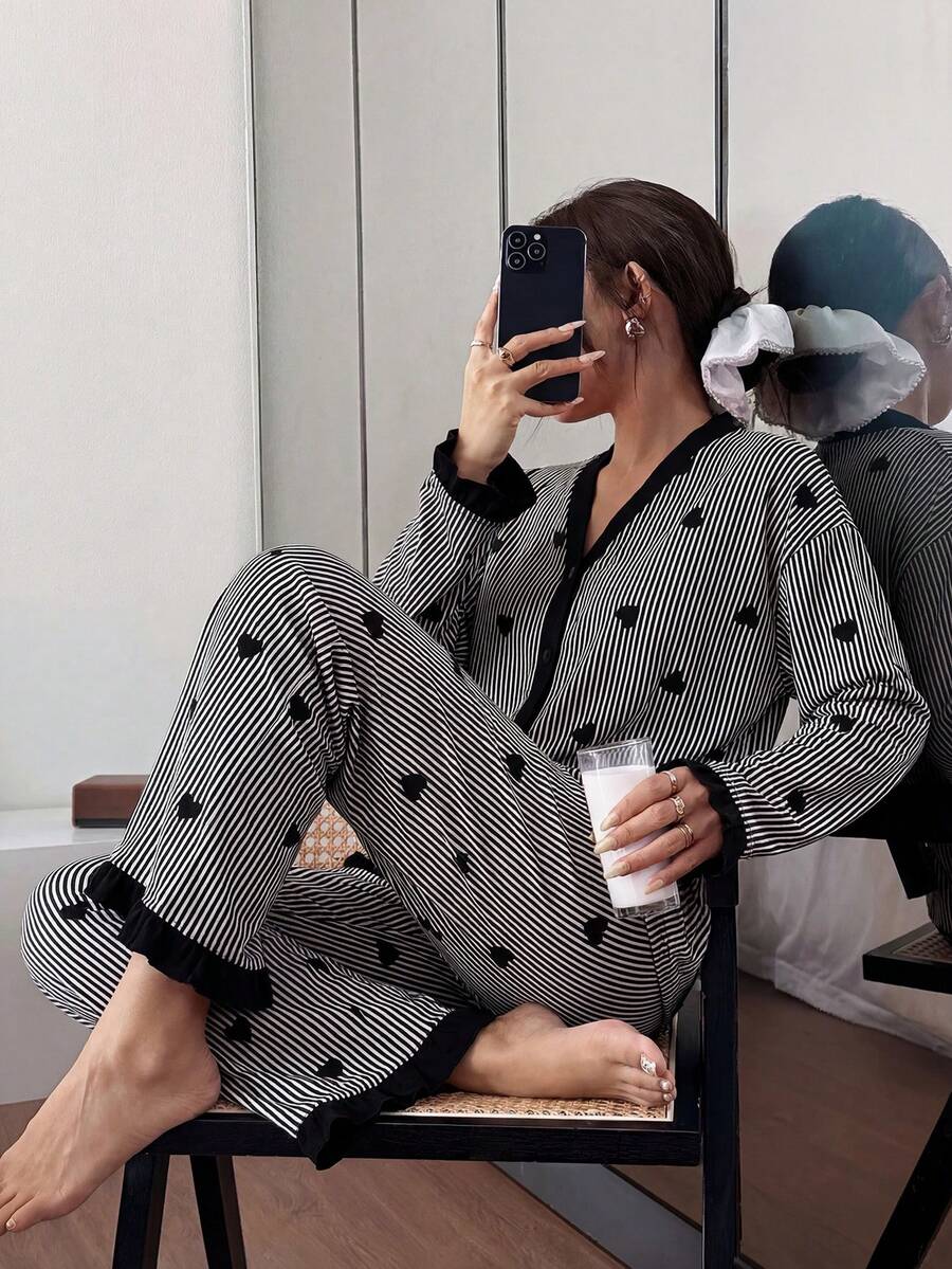 Dream Adore Women's Pink Striped Heart Patchwork Cardigan Pajama Set - Multicolor - View 1