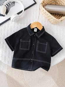 SHEIN Young Boy Letter Print Front Button Casual Short Sleeve Shirt,Kids - Black - View 2
