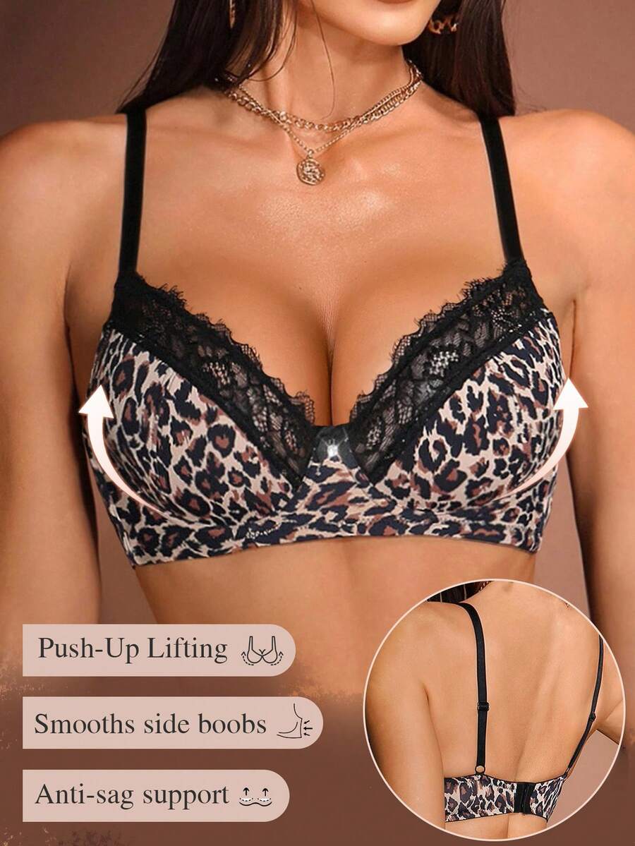 1pc Women's Underwire Bra With Leopard Print Lace Patchwork, Thin Cup - Multicolor - View 1
