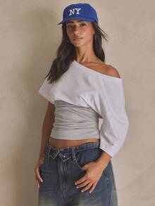 MUSERA Áo kiểu dáng dài rộng, lệch vai, phối nhiều lớp, thắt eo, thích hợp cho mùa hè, thể thao, thường ngày, phong cách đường phố, thời trang đường phố, mùa xuân và lễ hội. - Nhiều màu - Xem 2