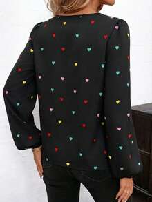 SHEIN Clasi Women's Notched Neck Heart Print Loose Long Sleeve Blouse, Elegant For Daily Wear, Commute, Date, Valentine's Day, Autumn/Winter & Early Spring Summer Tops Valentine's Day Heart-Shaped Print - Multicolor - View 2
