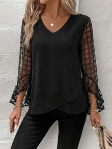SHEIN Clasi Women's Casual V-Neck Mesh Sleeve Long Sleeve Shirt Women's Black V-Neck Sheer Checkered Bell Sleeve Blouse | Elegant Casual Going Out Date Summer Office Top  Spring/Summer  Valentine's Day Wedding  Spring/Summer Blusas Elegantes Feminina Summer Tops Black Top Printemps été Spring Outfits For Women Summer Outfits - Black - View 9
