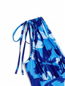 GlowEve New V-Neck Spaghetti Strap Drawstring Tie Design Elastic Knit Printed Young Elegant Sexy Vacation Casual Mini Dress For Women - Multicolor - View 4