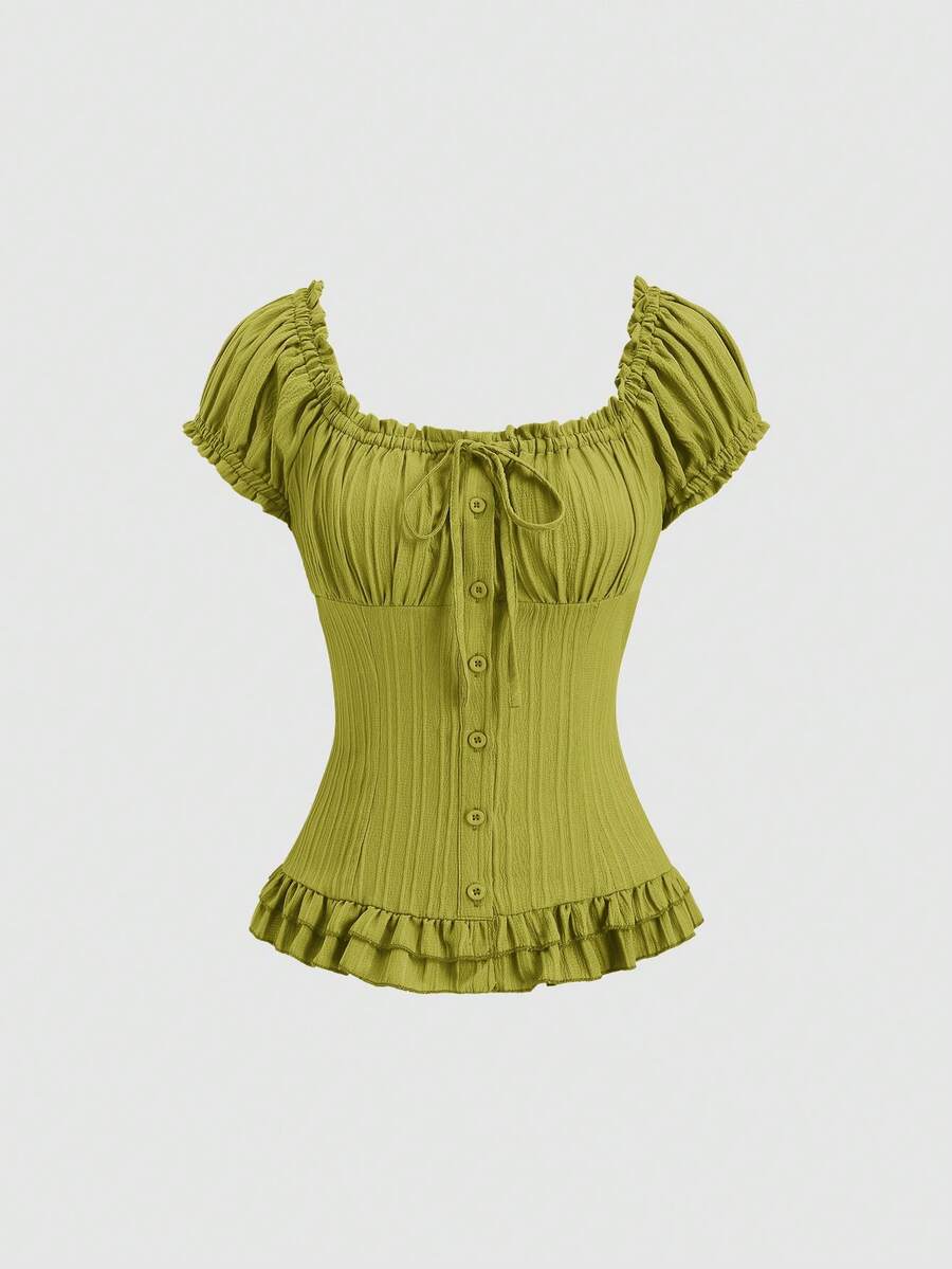 Sweetra Blusa de mujer de manga corta con volantes en el bajo y cintura con lazo, de unicolor para el verano - verde menta - Ver 1