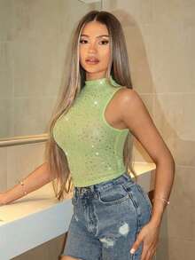 SHEIN BAE Khaki/Nude Color Rhinestone Decor Mesh Sexy Backless Camisole, Elegant For Country Concert, Festival, Music Event, Party, Summer Date Night - Lime Green - View 3