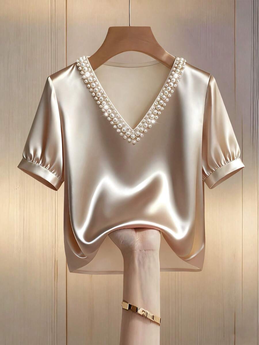 Franclia 女士优雅V领珍珠串珠针织宽松T恤，领口饰有珍珠滚边，适合休闲、通勤、度假、商务等各种场合，百搭日常穿着。 - 杏色 - 查看 1