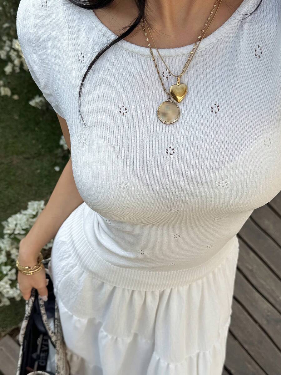 Livesso 女士纯色极简镂空泡泡袖针织上衣 夏季 - 白色 - 查看 1