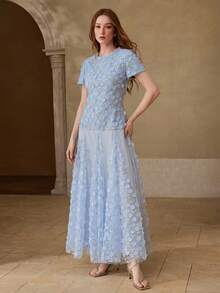 MOTF PREMIUM 女士春夏网纱刺绣3D立体花卉长裙 - 藍色 - 查看 7