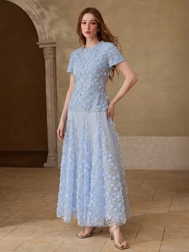 WOMEN'S SPRING/SUMMER MESH EMBROIDERED 3D FLORAL LONG DRESS
