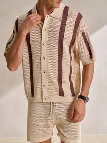 Manfinity Homme 男士条纹图案纽扣前开襟短袖上衣和短裤针织衫套装 - 彩色 - 查看 7