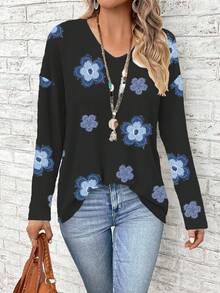 EMERY ROSE Plus Size Women Floral Print V-Neck Long Sleeve Loose T-Shirt Spring - Multicolor - View 4