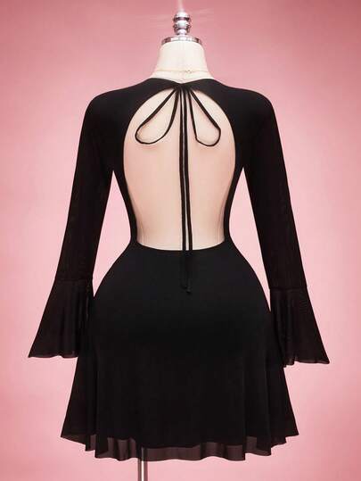 SHEIN ICON Plus Size Retro Sexy Elegant Valentine's Day Outfit: Fashionable, Bold, Modern Urban Black Mesh Round Neck Flared Sleeves Open Back Loose Skirt Waist-Cinching Dress