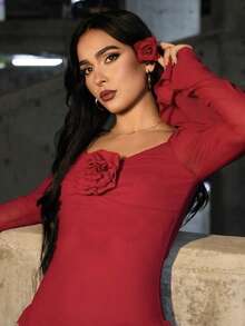 AfricaSnchz Elegant Women's Long Sleeve Fitted Shirt, Suitable For Daily Wear, Dates, Outings, Parties, And Gatherings. Fall Outfits, Fall Women's Outfits, Fall Tops. Floral 3D Decor Sweet Pink Extra Long Dress, Burgundy,Valentine's Day,Valentine Outfits For Women - Red - View 3
