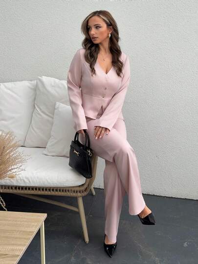 Jeta Ari Women's Elegant Long Sleeve Blazer And Pants Suit Set, Business/Commuter Style, Suitable For Summer, Independence Day, Graduation, Back To School