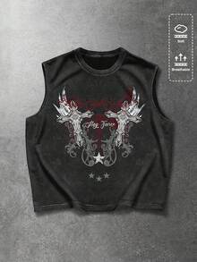 ROMWE MEN Men's Letter & Cross Print Casual Sleeveless Tank Top - Black - View 1