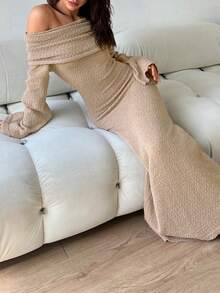 Aloruh 女式秋冬露肩高領修身針織長款毛衣裙