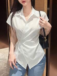 SHEIN Raffinéa 新款优雅修身收腰休闲时尚纯色衬衫 - 白色 - 查看 1