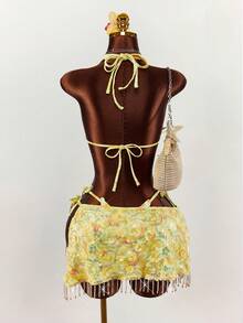 Amplova 3pcs Women's Sequin Embroidered Sexy Swimsuit Set, Fashionable For Vacation, Shiny Yellow - Multicolor - View 3