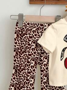 SHEIN 2pcs/Set Baby Girl Casual Fashionable Cute Leopard Print Cherry Pattern Short Sleeve T-Shirt And Leopard Print Flare Pants Set, Suitable For Spring/Summer, Vacation And Daily Wear - Multicolor - View 5