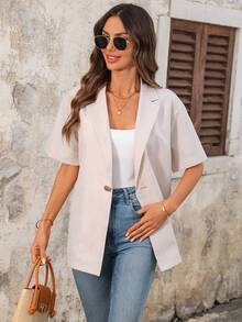 EMERY ROSE 女士纯色翻领短袖单扣休闲西装外套 春夏款 女士短袖西装外套 - 綠色 - 查看 3